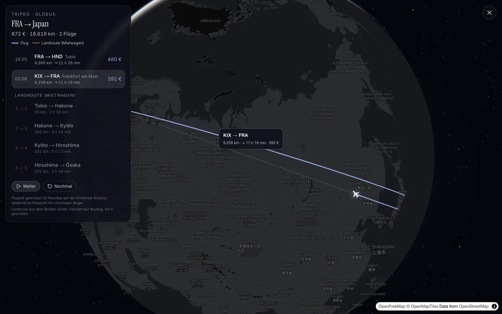 Globus-Modus mit den Flugbögen nach Japan und der Landroute im Seitenpanel